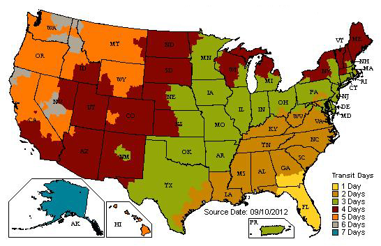 Estimated UPS Ground Transit times inbound to ZRD